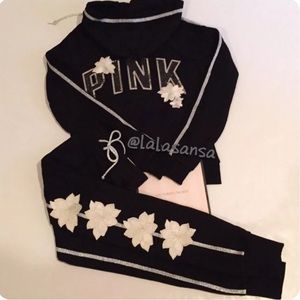 Super Rare! VS Pink Bling white floral fullzip hoodie & pants outfit set